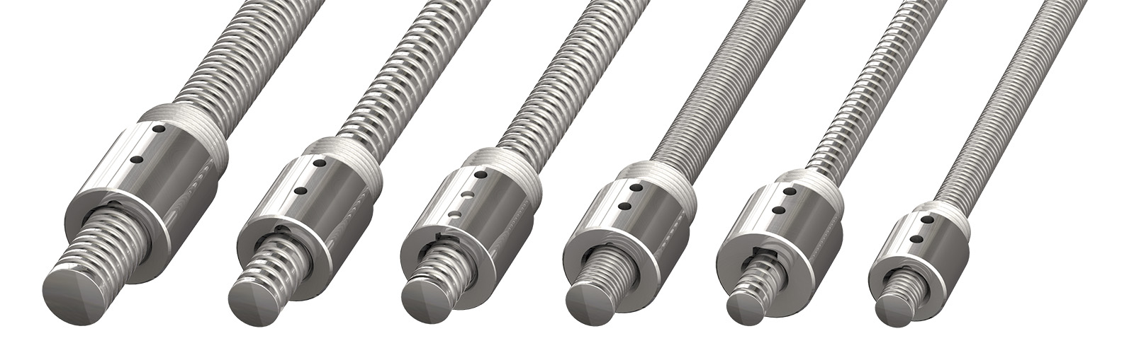 Cylindrical ball screw nut assemblies from PBC Linear in various sizes: Ø10 x 2, Ø8 x 2.5, Ø8 x 2, Ø8 x 1, Ø6 x 2, and Ø6 x 1.