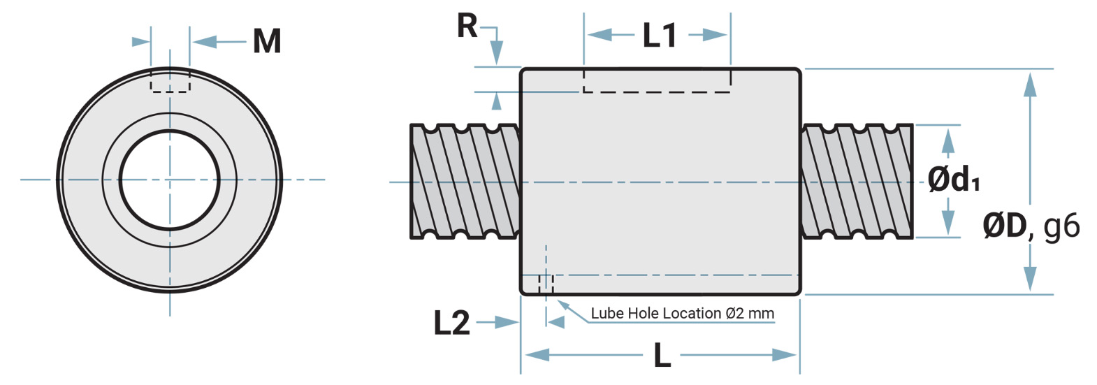 Cylindrical ball nut dimension drawing: nut outside diameter, nut length, keyway length and keyway size