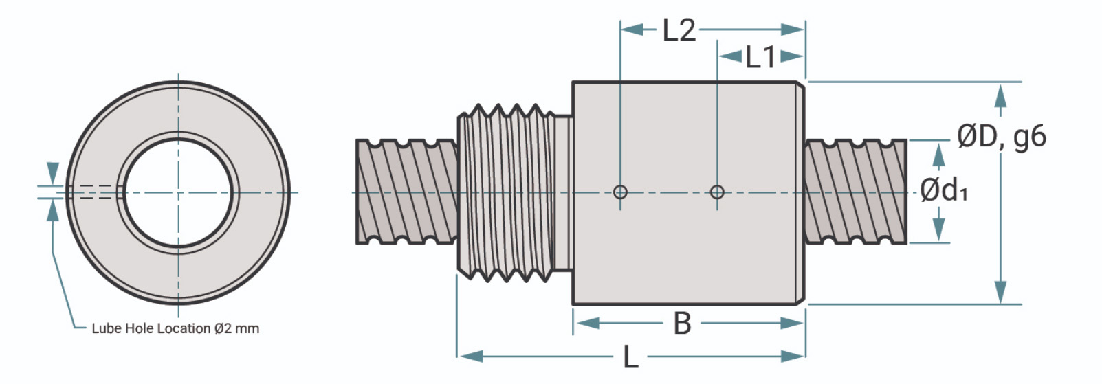External thread ball nut dimension drawing: nut outside diameter, threaded length, nut length and external thread size