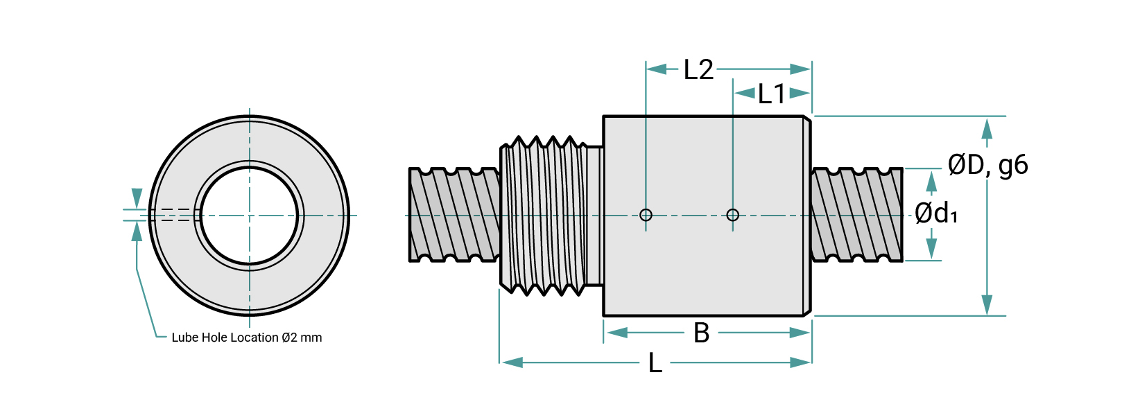 The dimensions of cylindrical ball screw nuts offered from PBC Linear.